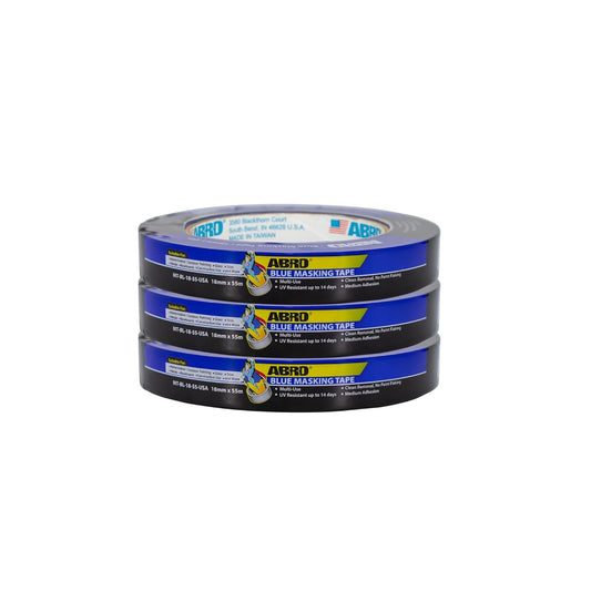 ABRO 3-Pack Blue Painters Tape: 18mm x 55M All Purpose Blue Tape, Temporary Labeling, Easy Tear, Clean Removal, Masking Tape Colored, DIY or Professional Use