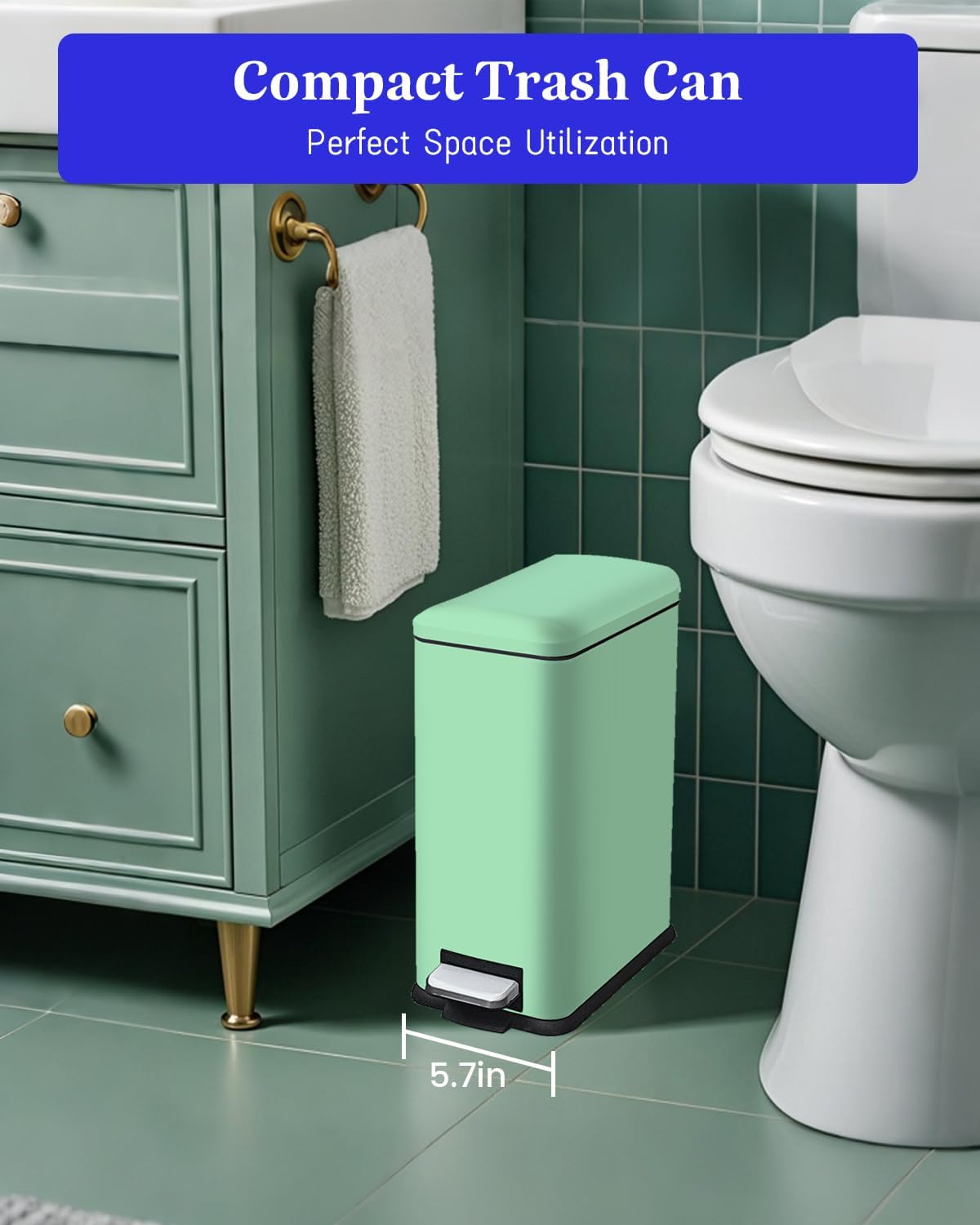 Bathroom Trash Can with Lid，5 Liter / 1.3 Gallon Small Trash Can with Removable Liner Bucket, Soft Close lid & Step Pedal, Stainless Steel Trash Bin for Bathroom,Bedroom,Home Office, Green
