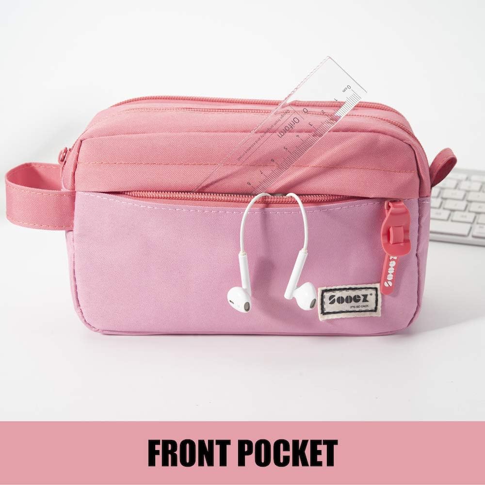 Sooez High Capacity Pencil Case, Big Pencil Bag Pouch Box Organizer Pen Case, Portable Journaling Supplies with Easy Grip Handle & Loop, Asthetic Supply for Girls Adults, Pink