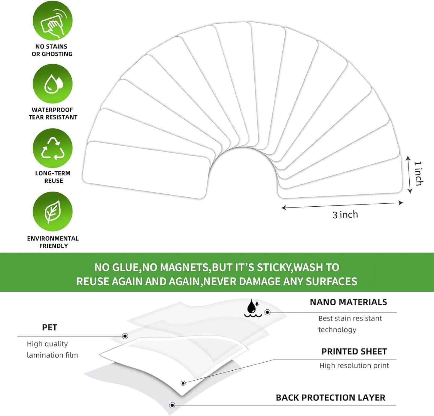 SVNOOC Multi-Use Label Stickers Small Sticky Notes, White Reusable Dry Erase Labels for Kids School Office Home Kitchen All Purpose Use Tags 42PCS (1x3 inches)