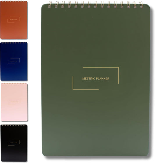 | Meeting Notebook for Work | 8.25" x 11.75" | Project Planner | Simple Design | Multiple Layouts | Office and Business Planner (Evergreen, Meeting Planner - Portrait)