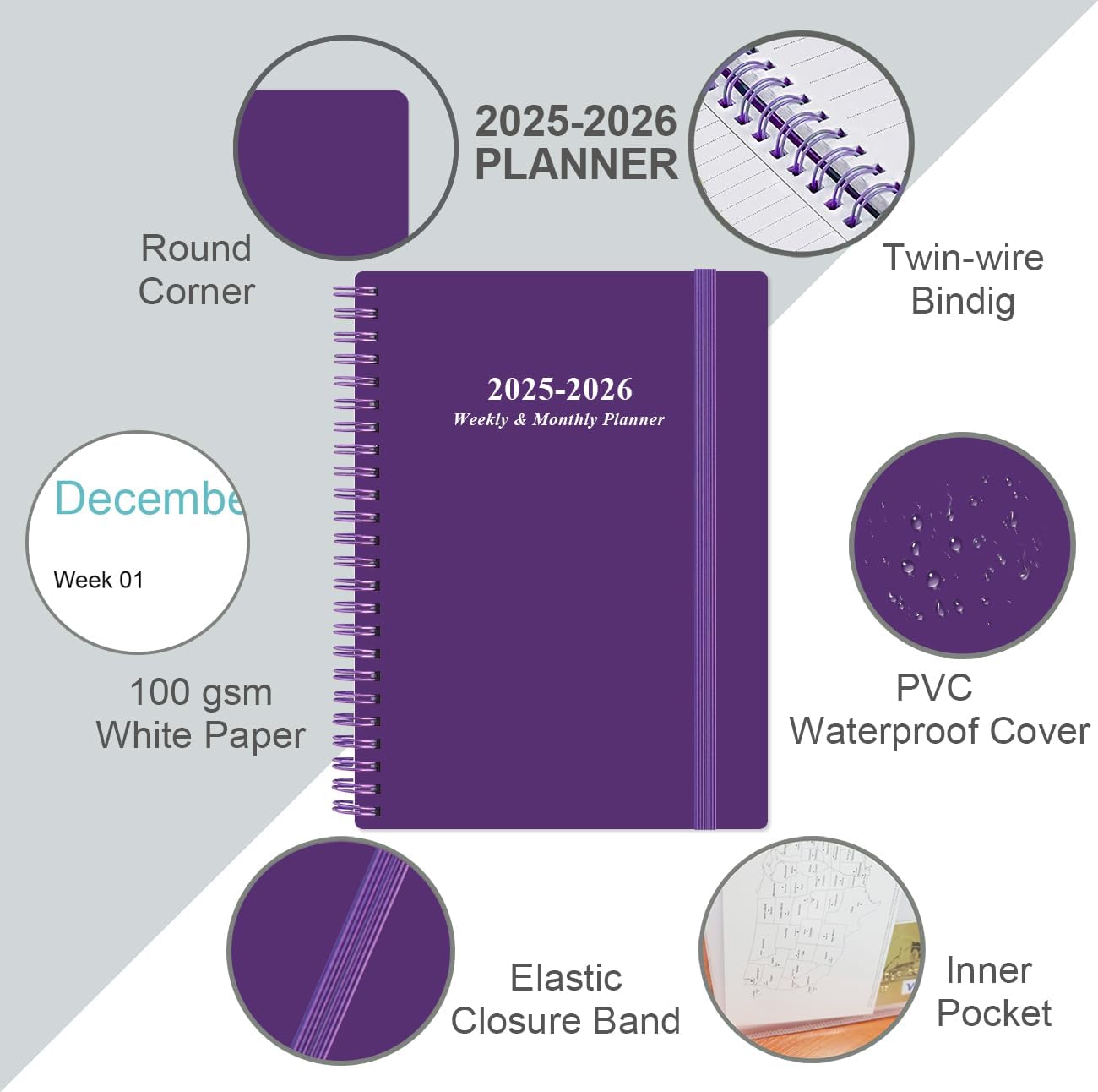 2025-2026 Planner - Academic Planner 2025-2026 from July 2025 - June 2026, Weekly & Monthly Planner Spiral Bound with 12 Monthly Tabs, Inner Pocket, 6.4" x 8.5", Purple