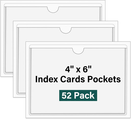 52 Pack Clear Adhesive 4" x 6" Index Card Pockets With Top Open, Plastic Card Sleeves Index Card Holder for Organizing Storage Bins, Library Cards, Notes, Drawer