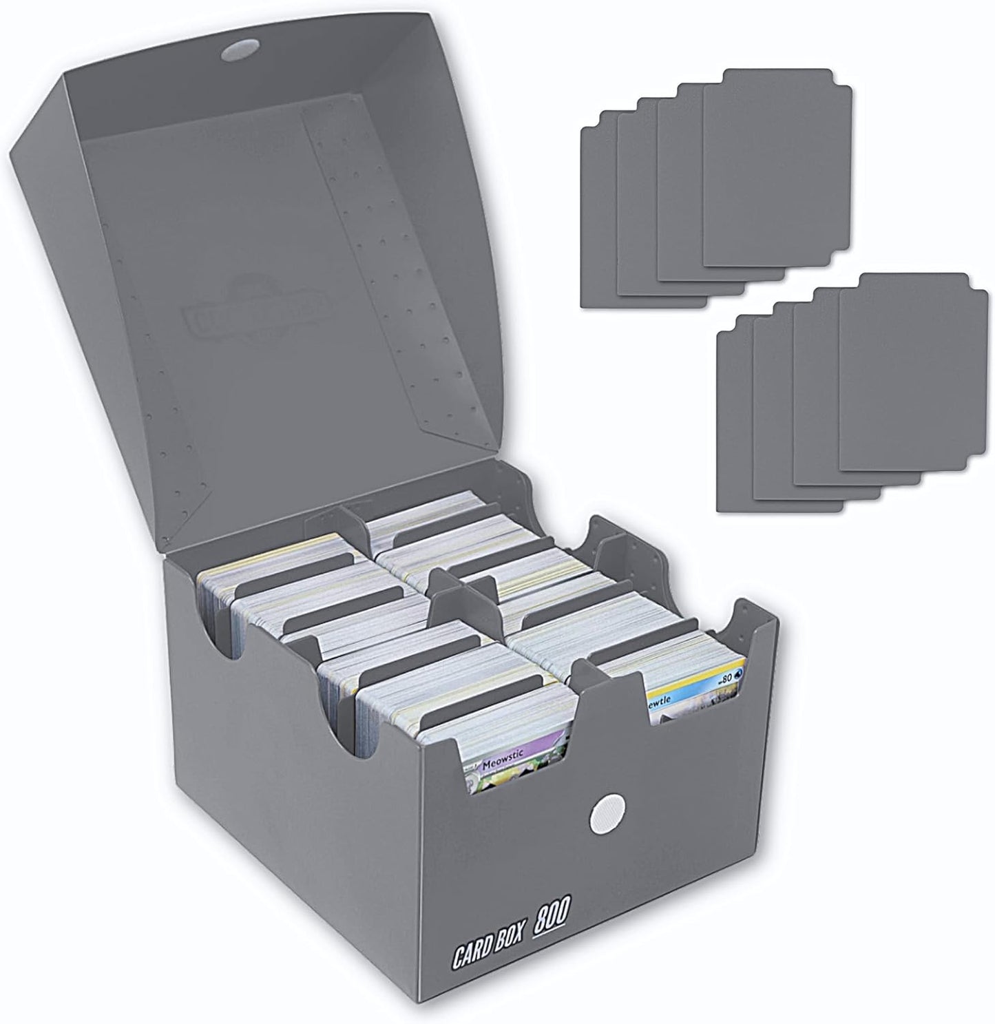 Trading Card Storage Box 800 - Grey | Card Box 800+ holds standard 35pt cards | 4-in-1 Compartments| Strong Double Wall Design | 8 dividers | Sports & Baseball Card Deck Box - Grey