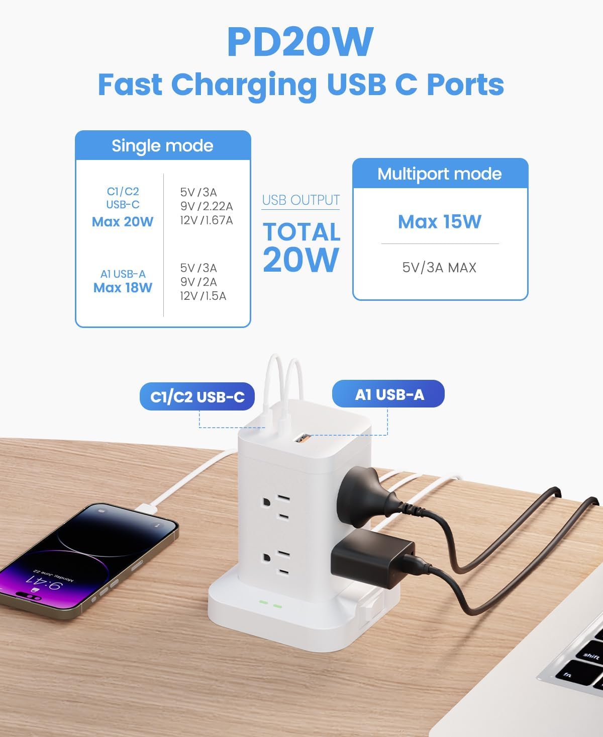 11-in-1 Power Strip Tower with Surge Protector 1800J, Fast Charging Tower PD20W USB-C Ports with 8 AC Outlets, 6ft Extension Cord for Home Office Dorm Room, White