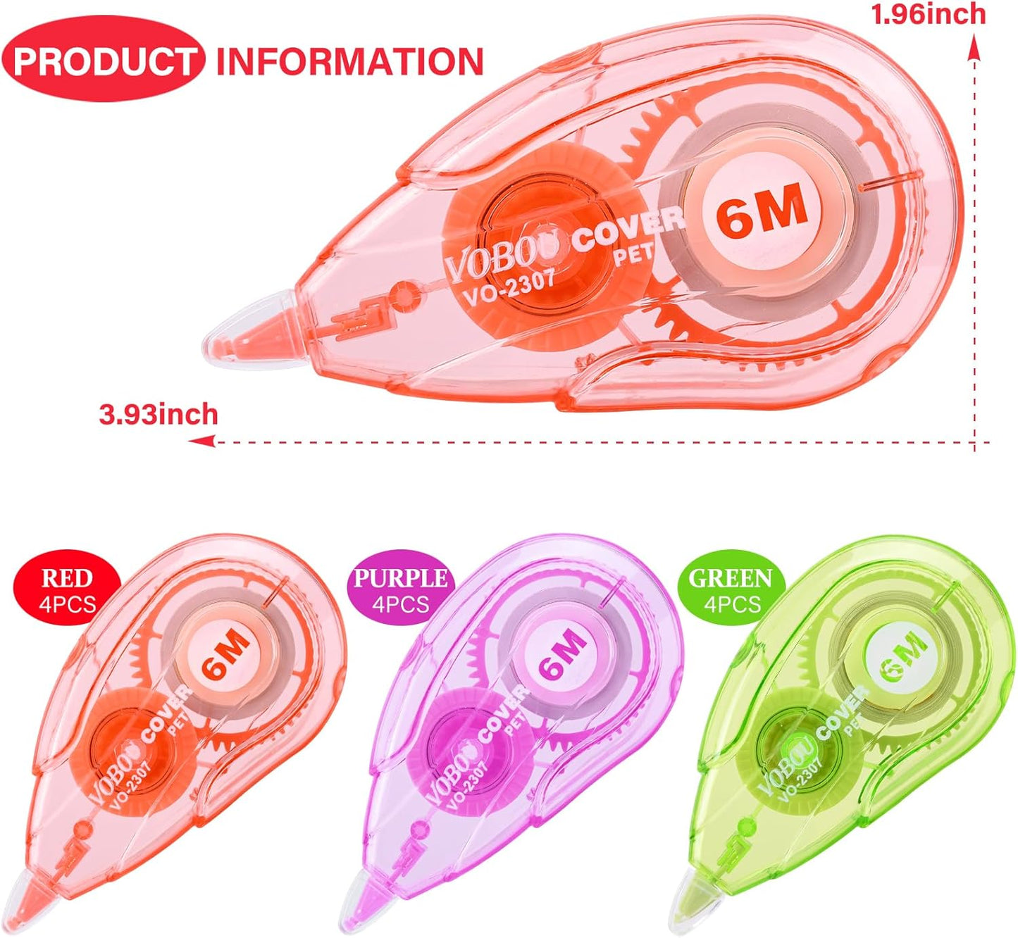 White Correction Tape, Easy To Use Applicator for Instant Corrections Wrong Writing At Any Time, For school, Office (red, purple, green, 12pack, 6M/256" x 0.2")