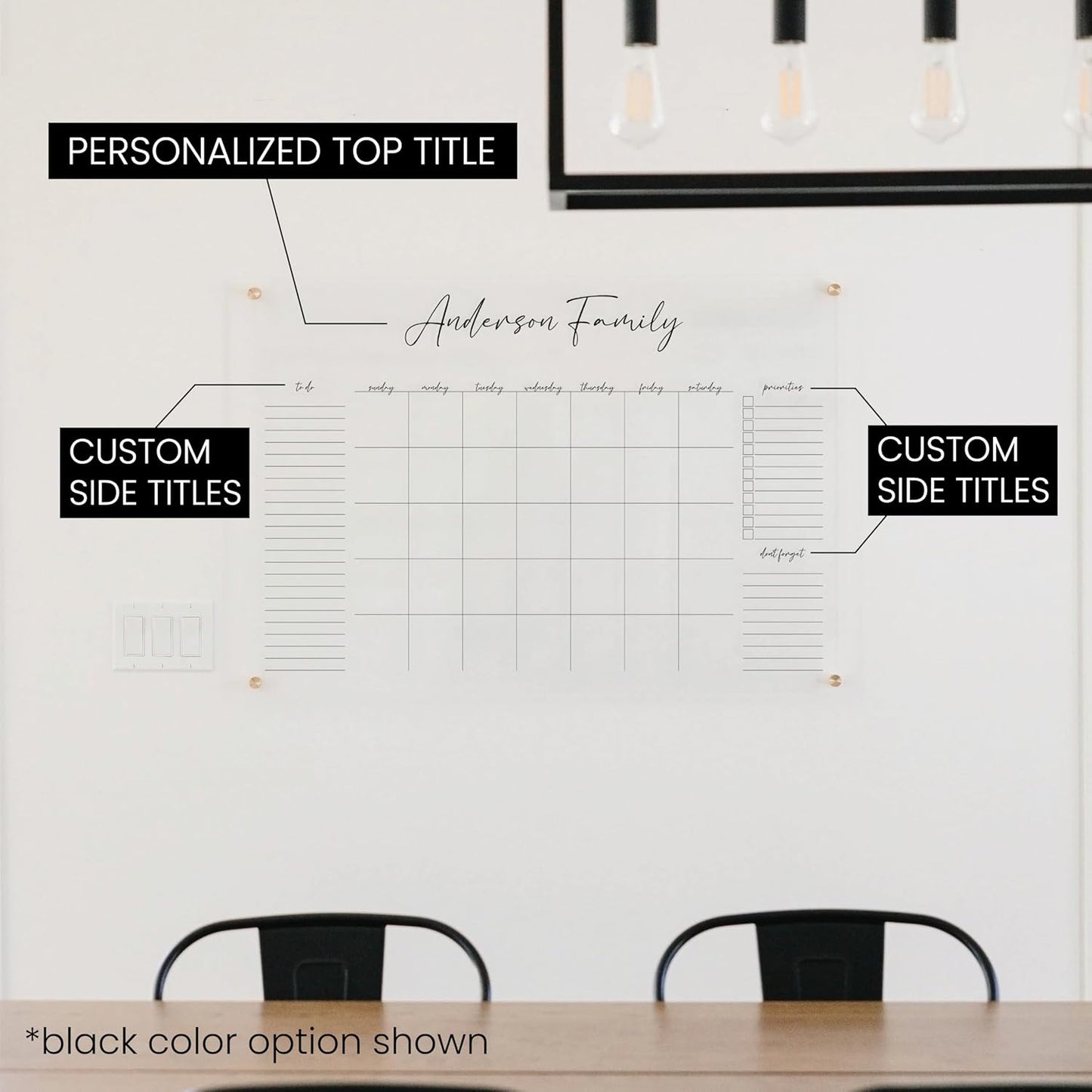 Personalized Clear Acrylic Calendar for Wall, Calendar Whiteboard for Wall, Dry Erase Wall Calendar, Wall Calendar Organizer System for Home (Cursive, Black, 31"W x 23"H)