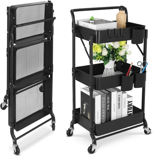 Foldable 3 Tier Metal Utility Rolling Cart, Folding Mobile Multi-Function Storage Trolley Organizer Cart for Home Library Office(Black)
