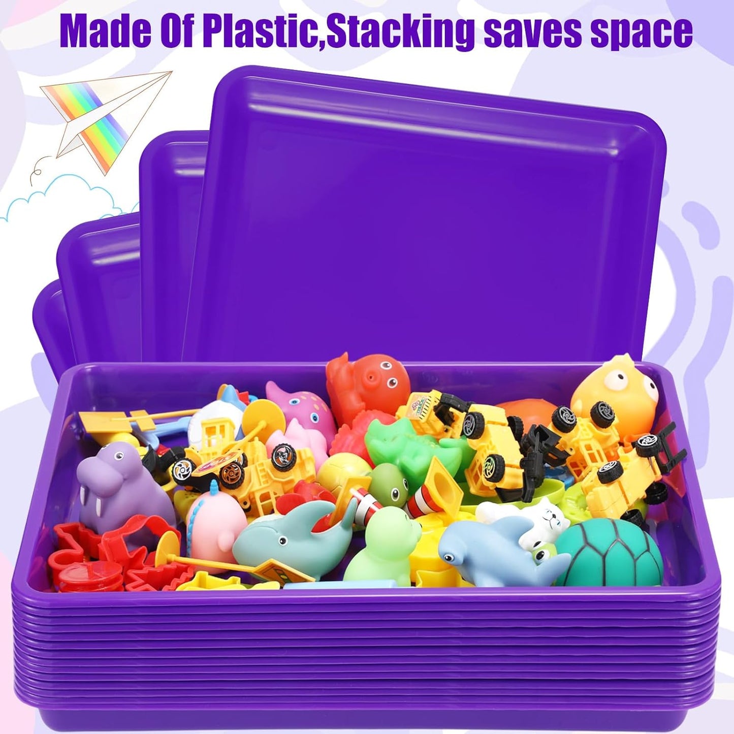 Maitys 15 Pcs Flat Plastic Trays 16.1 x 11.8'' Sensory Storage Paper Tray Stackable Classroom Bins for Office Home Organizer Crafts Supplies(Purple)