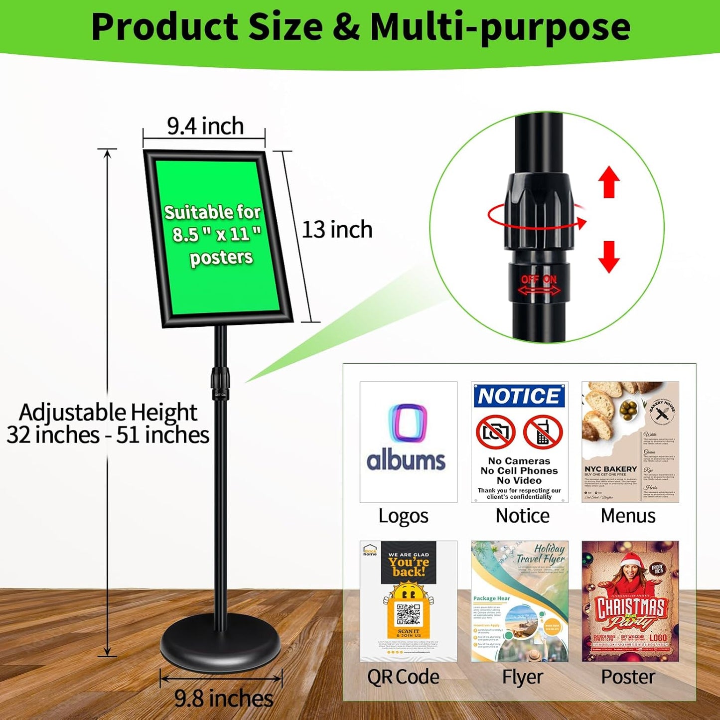 2Packs Adjustable Pedestal Sign Holder Stand 8.5''x11'', Floor Standing Poster Sign Stand, Aluminum Frame for Vertical/Horizontal View Sign stand,Outdoor/Indoor Standing Sign Holders, Black
