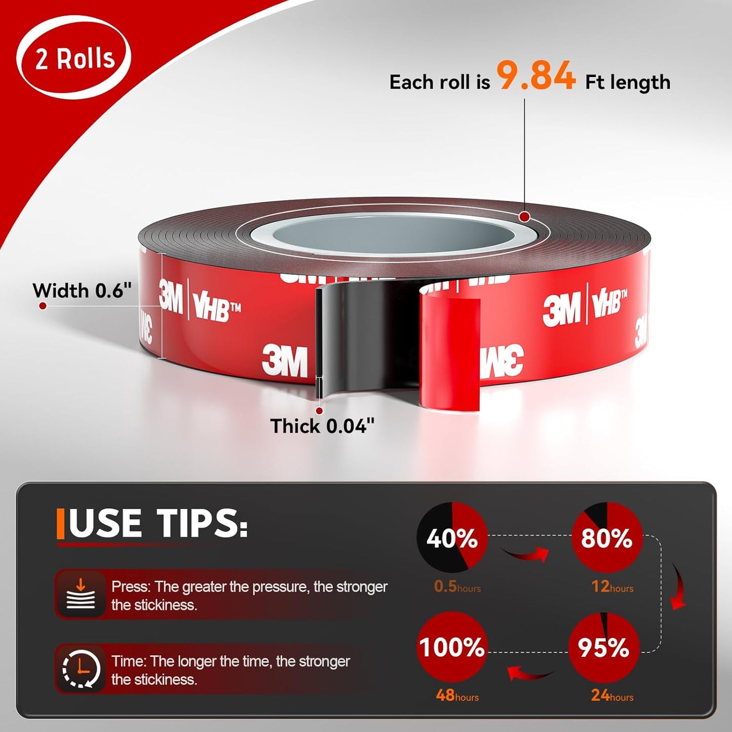 2 Rolls Double Sided Tape High Temperature Resistant Heavy Duty, Made of 3M, 19.7 Ft X 0.6 ", Strong Adhesion and Multi-Purpose Automotive Parts Mounting Tape