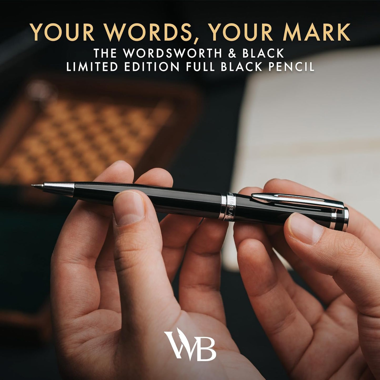 Wordsworth and Black Mechanical Pencil Graphite Lead- Stunning Luxury Metal Pencil, Black Lacquer Chrome Finish, 0.7mm Led, Best Gift Set for Men & Women, Professional Executive Office Pencils