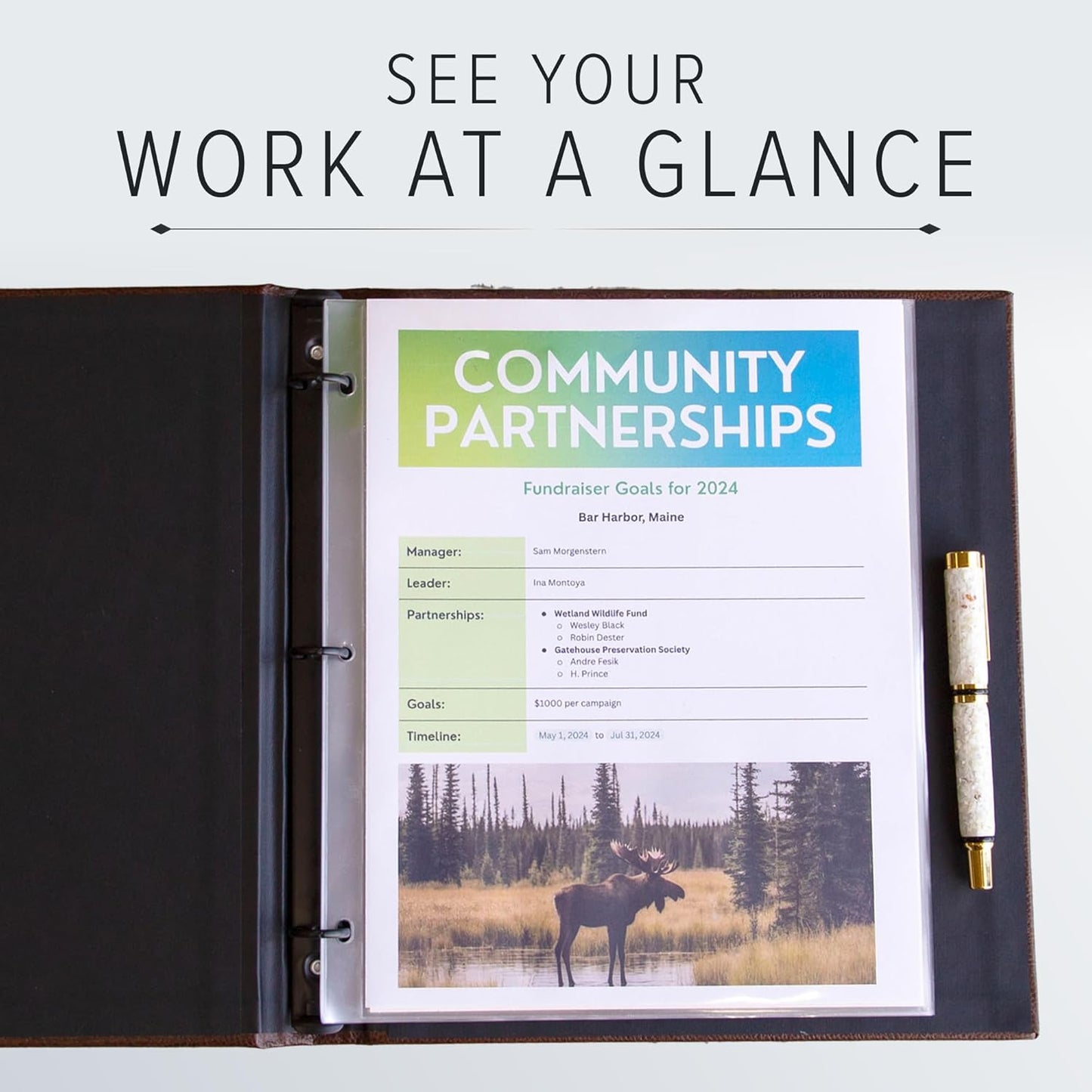 Gallery Leather 3 Ring Binder with Plastic Sleeves, Includes 10 Sheets, Sheet Size: 8.5" x 11" - Presentation Binder Rings with Hubbed Spine, Thick: 0.75" Belfast Burgundy