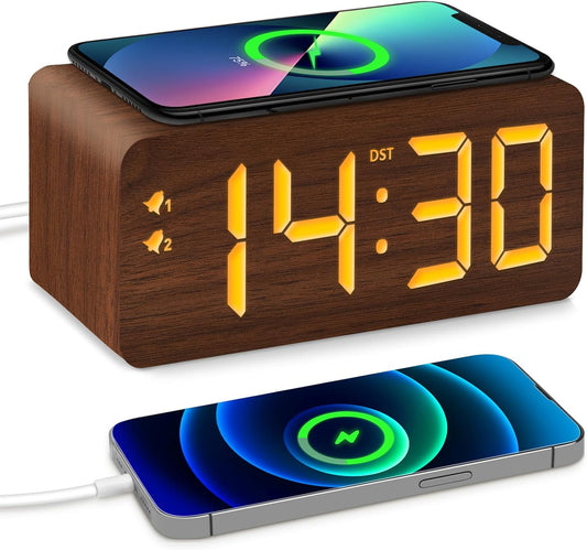 Wood Digital Alarm Clock with 10W Fast Wireless Charger, USB Charging Ports, DST, Dimmable, Snooze, Large Number LED Display for Bedrooms, Desk, Living Room Table, Bedside, Nightstand (Brown)