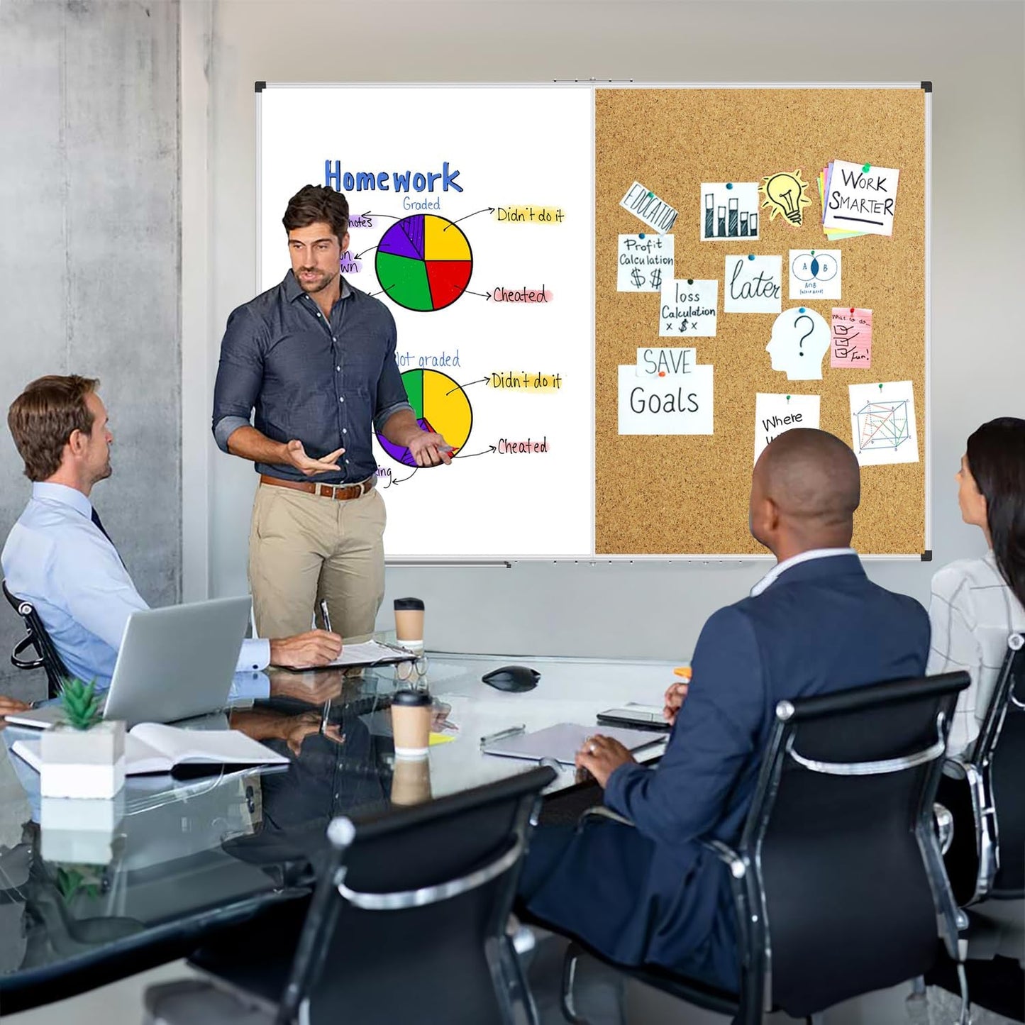 XBoard Magnetic White Board and Bulletin Corkboard Combination, 60 x 48 Inch Foldable Dry Erase & Cork Combo Board for Wall with Aluminum Frame, 5' x 4' Notice Memo Board Pin Vision Board