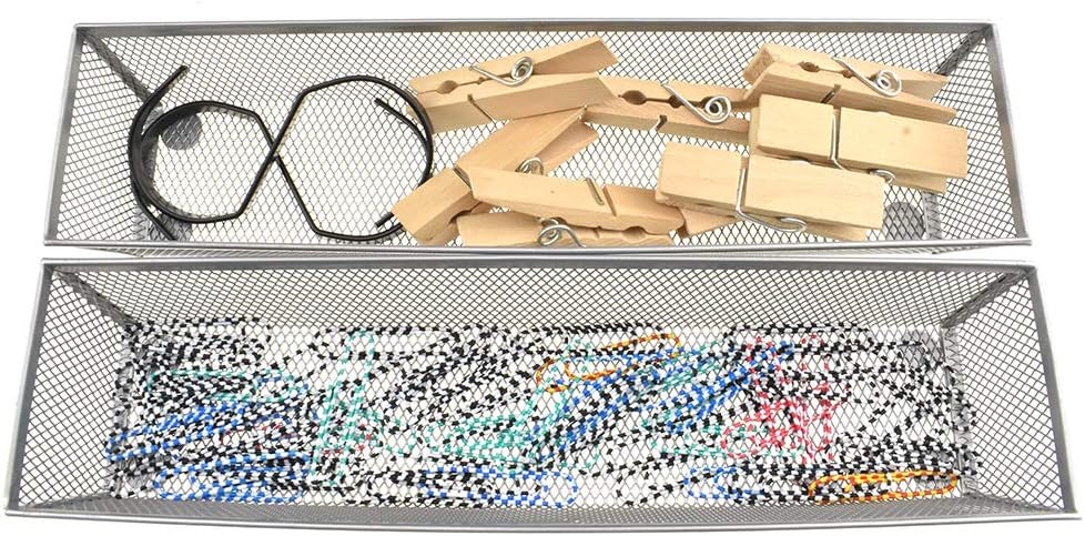 HAHIYO Stackable Mesh Tray Cup 12 x 3 x 2 inches Sturdy Container for Desk Drawer Organizer Collection for Home Office School kitchen Soft Foam Feet No Sharp Edges 2 Pack Silver