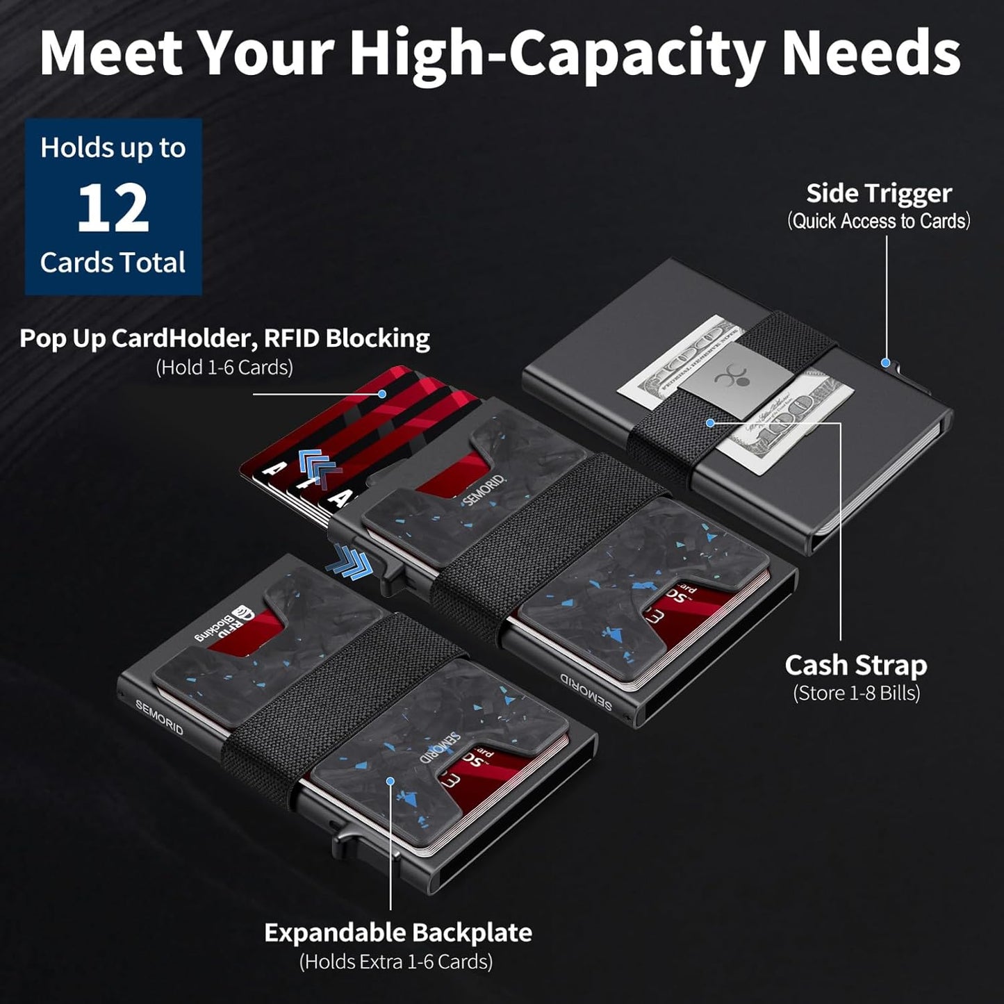 Minimalist Wallet for Men, Slim RFID Blocking Mens Wallet, Aluminum Pop Up Card Case, Thin Metal Credit Card Holder with Cash Strap -12 Cards Storage