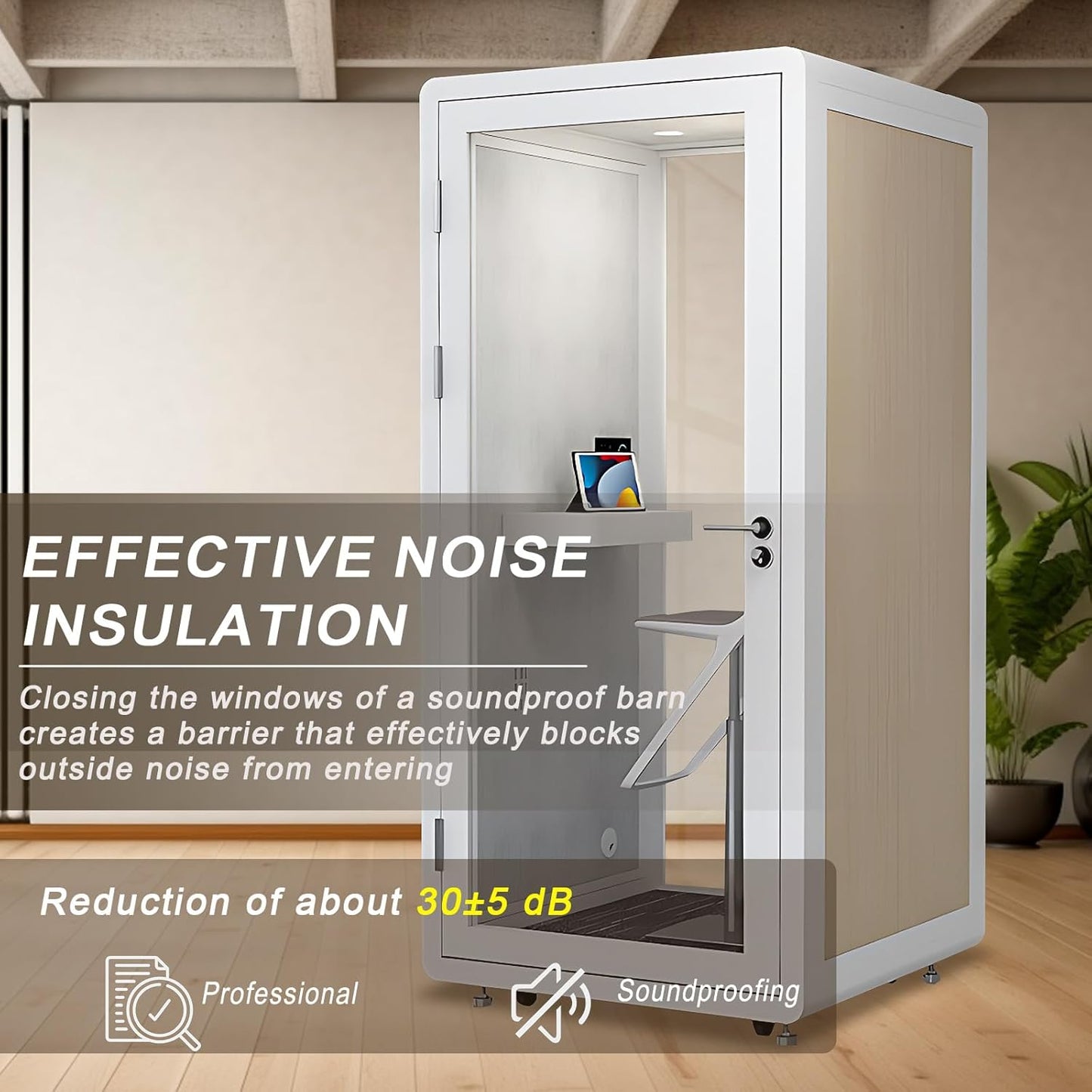 Office Sound Booth with Audio Privacy - Removable Soundproof Booth Includes White with Wood Grain Side Trim,Soundproof Room with Light,Fans, Socket for Singing Room,Telephone Booth (41.33IN)