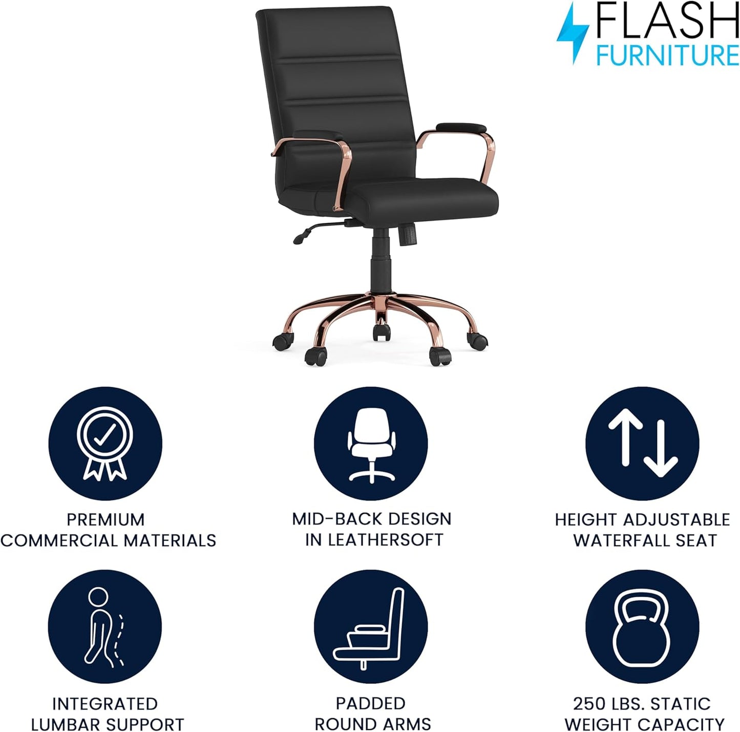 Flash Furniture Whitney Mid-Back Swivel LeatherSoft Desk Chair with Padded Seat and Armrests, Adjustable Height Padded LeatherSoft Office Chair, Black/Rose Gold