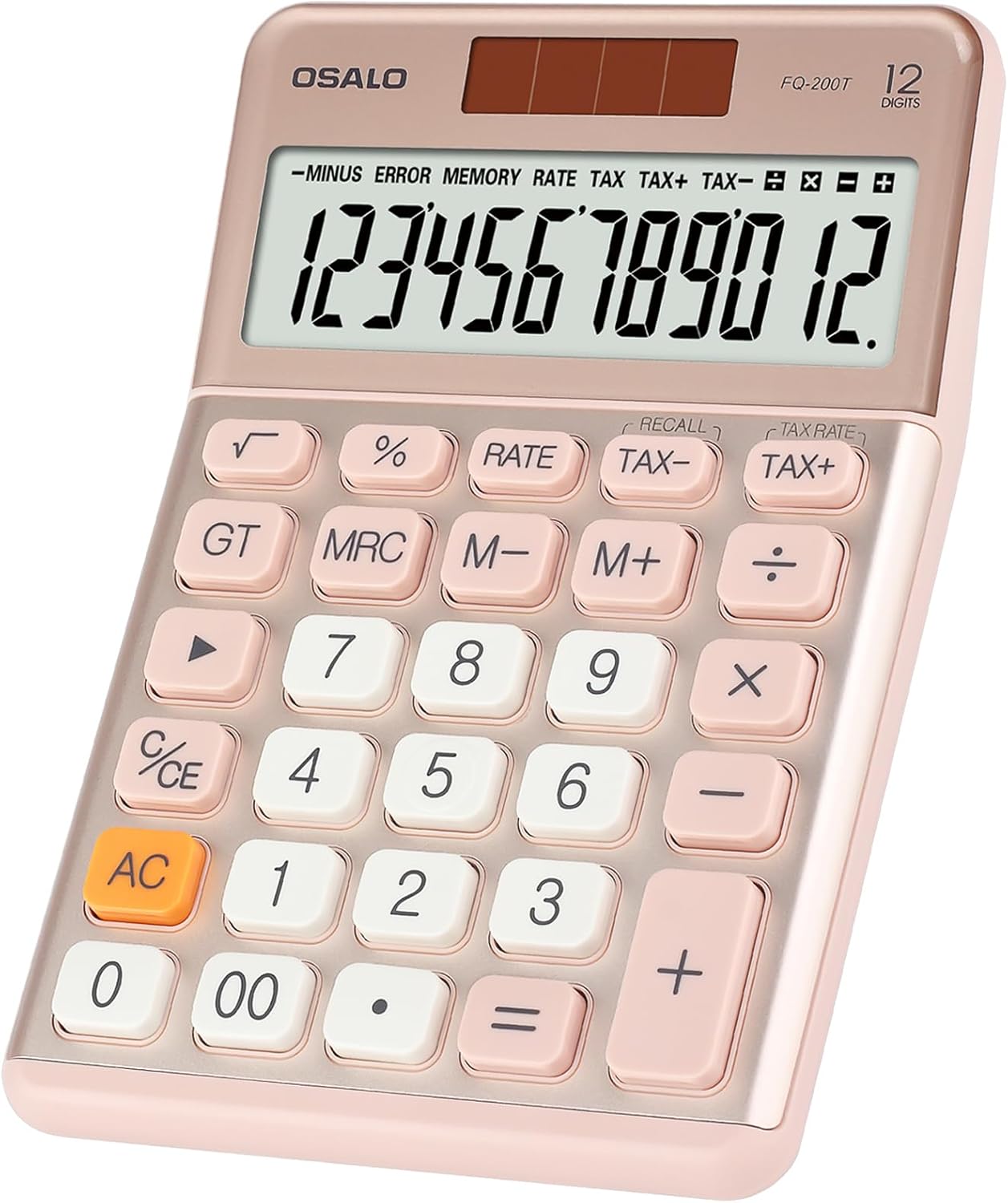 Pendancy Office Small Calculator Desktop with Tax+/- for Tax Calculation, 12 Digit Large LCD Display, Solar Battery Power, Durable Portable Design, Financial Accounting Business Home Use(OS-200T-Pink)