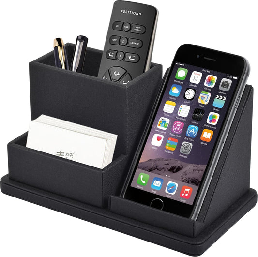 Pu Leather Desk Pen/Pencil Organizer Multi-Function Cell Phone/Remote Control Storage Box with 3 Compartments Office Supplies Sticky Note Tray Business Cards Holder,Black