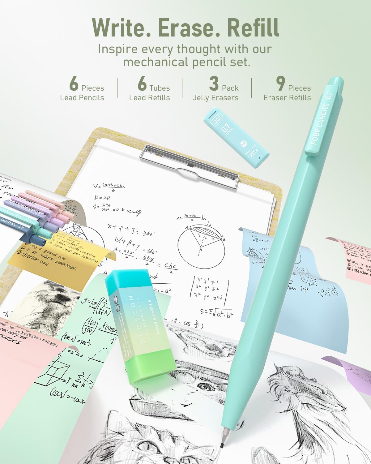 Four Candies 39 PCS Aesthetic School Supplies with Cute Pen Case, 12 Pastel Highlighters, 5 Black Ink Gel Pens, 6 Mechanical Pencils Set 0.5 & 0.7 mm for Students Stationary College Essentials (Green)