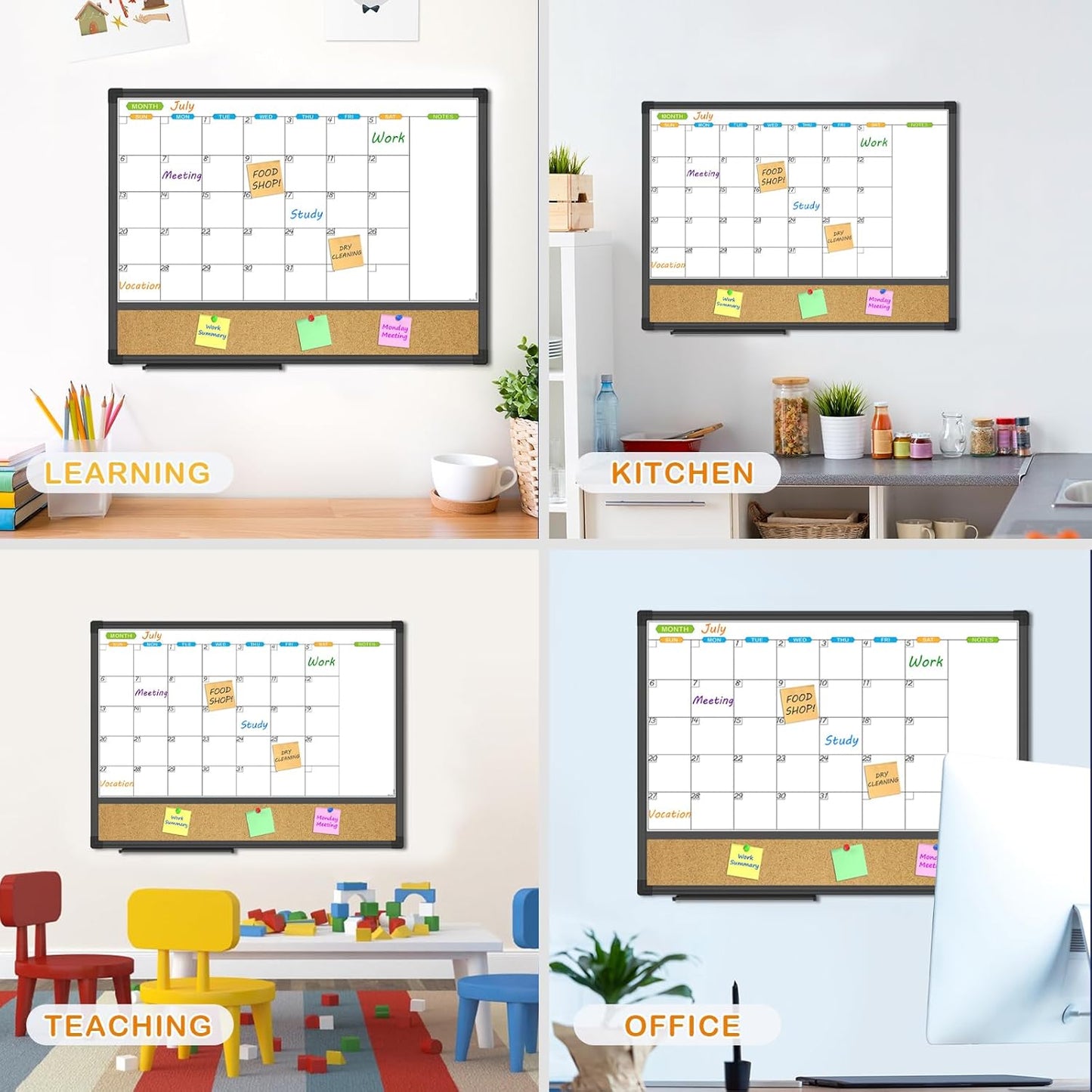 JILoffice Magnetic Calendar Whiteboard & Bulletin Corkboard Combination, Combo Board 24 x 18 Inch, Black Aluminum Frame Wall Mounted Board for Office Home and School with 10 Push Pins