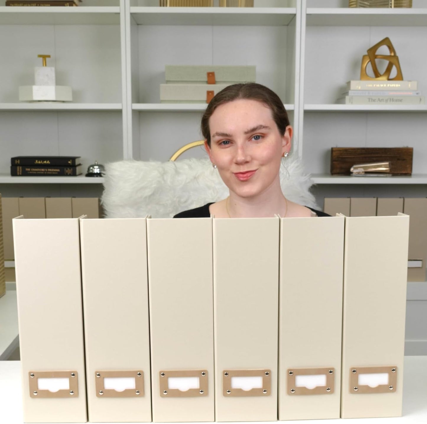 BLU MONACO Set of 6 Foldable Magazine File Holders in Beige Linen – Sturdy Cardboard Vertical Organizers with Label Holders – Stylish Storage Solution for Magazines, Files, and Office Supplies