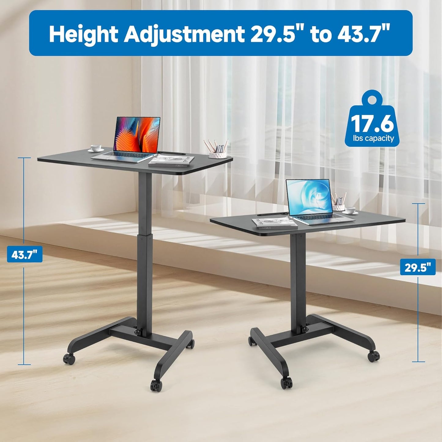 Rolling Laptop Desk Adjustable Height(29.5”- 43.7”)，Mobile Workstation Cart with 23.6" x 20.5"Desktop, Standing Desk Mobile Portable PC Table for Home,Office or Classroom in Black