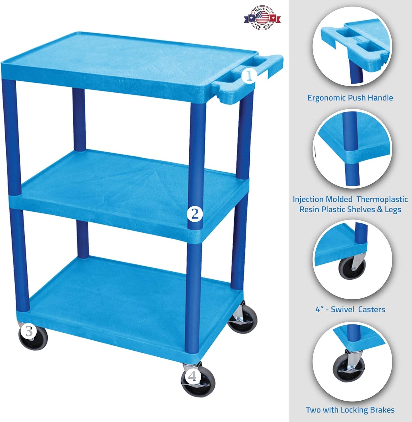 LUXOR HE34-BU Utility Cart - 3 Shelves Structural Foam Plastic, Four 4" Casters, Two with Locking Brake, Ergonomic Push Handle, 24"W x 18"D x 34"H, Offices, Classrooms