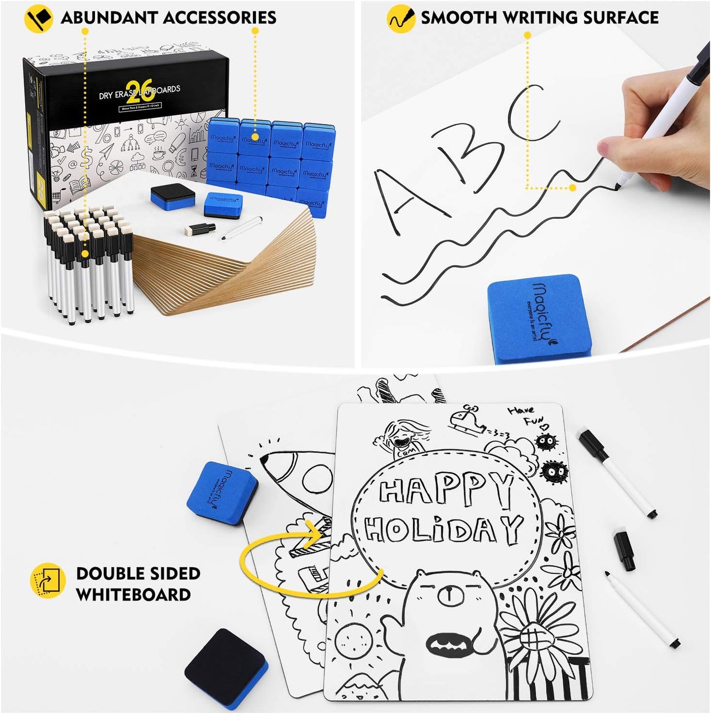 Magicfly Small White Boards, Dry Erase Board Pack of 26, Mini Whiteboards 9x12 Inches Double-Sided White Boards for Students Classroom Teachers School Supplies Office with 32 Pens and 26 Erasers