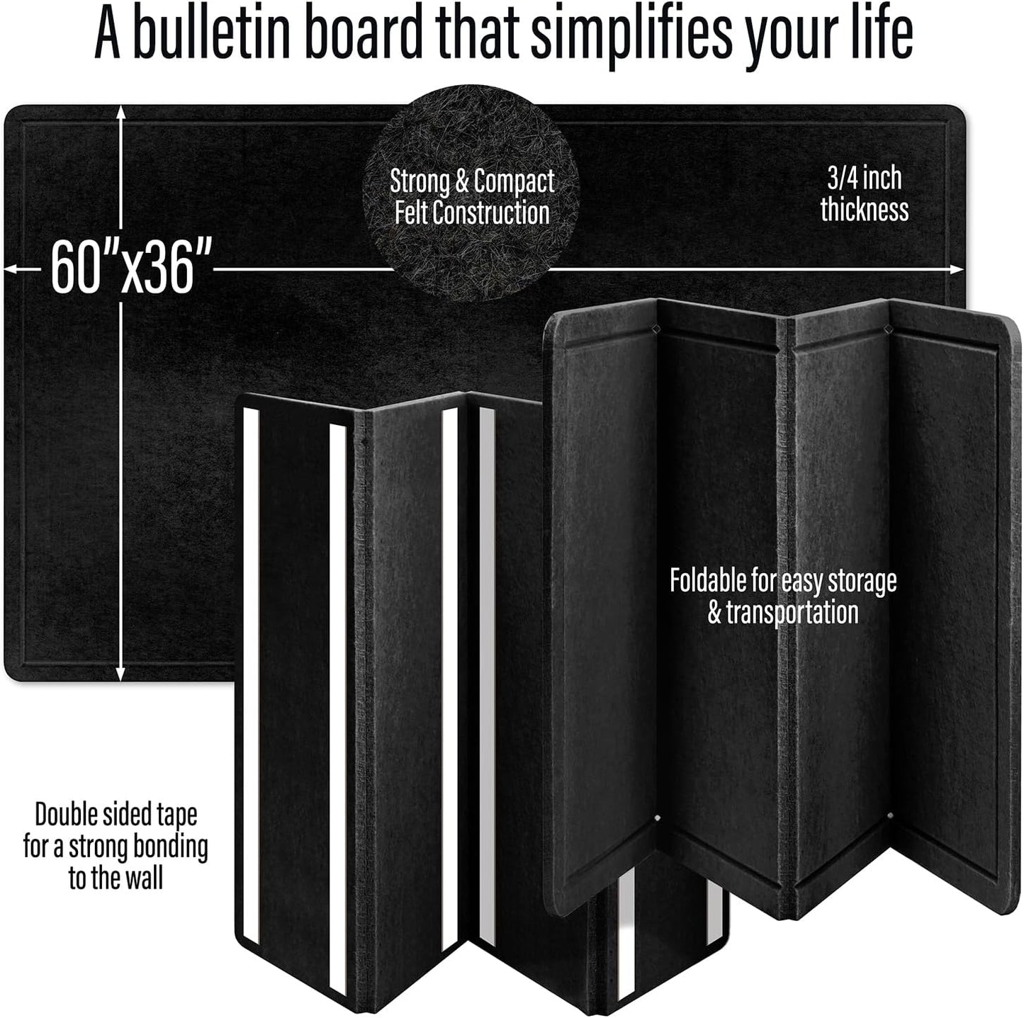 Large Bulletin Board 60 x 36 Inches - Foldable Felt Bulletin Board for Wall, Cork Board Alternative with 100 Color Pins & 12 Note Pads, Vision Board - Black