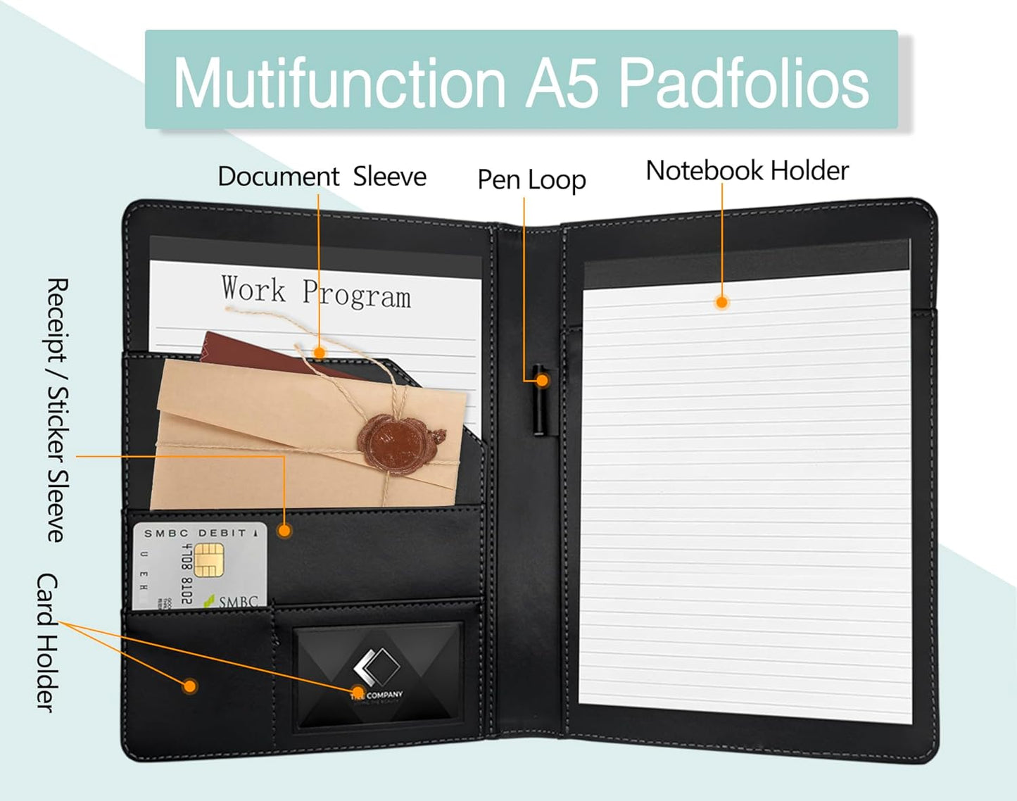 Leather Portfolio Binder 5 x 8, Mini Soft Leather Padfolio A5 Business Binder Legal Writing Pad Junior Size Document Organizer for Present Gift Kid Men Women Black