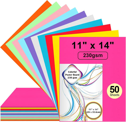 50 Pcs 11" x 14" Colored Poster Board Paper ROOKEA Colorful Poster Board Bulk 230 Gsm Thick Vision Boards Blank Smart PosterBoard for School Arts Craft Projects Drawing Scrapbooking Graphic