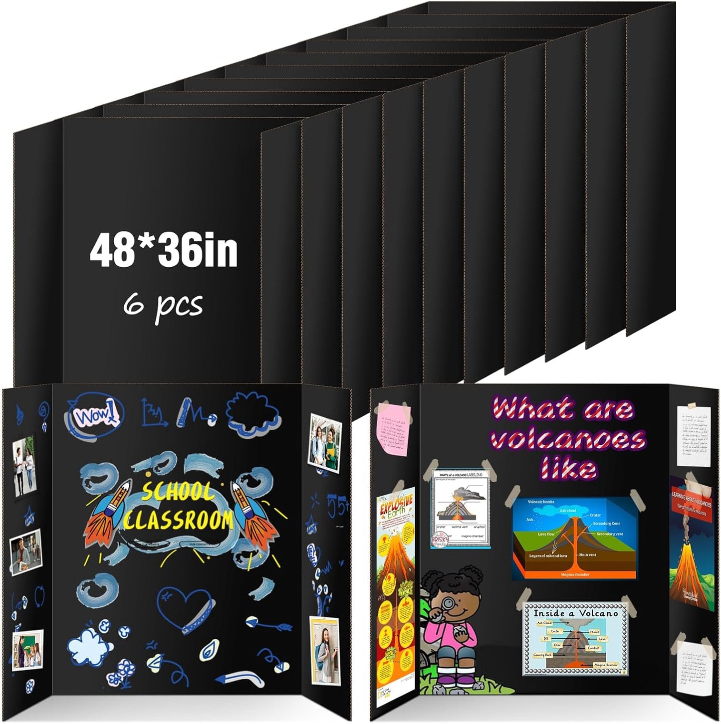 6 Pack Trifold Poster Board 48" X 36", IKAYAS Double Sided Black Poster Boards, Science Fair Display Boards Posterboard Foamboard for Mounting, Prints,Art,Display,Projects Classroom Supplies