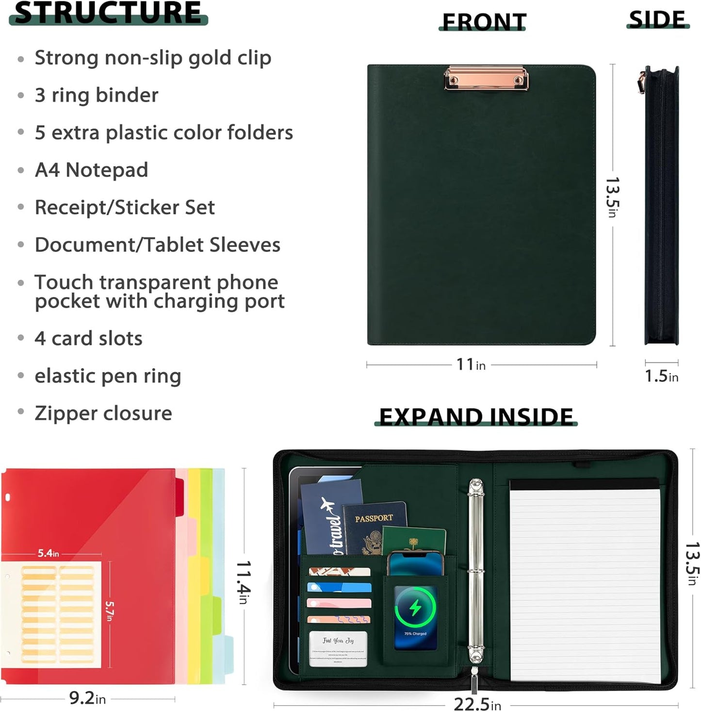 Leather Clipboard with Storage, Zippered Padfolio Portfolio Organizer, 3 Ring Binder 1 Inch, Notepad, Tablet Sleeve, 5 Dividers with Pocket, Stickets for Office, Nurses, Students, Teachers Green