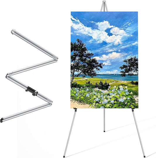 Display Silver Easel Stand - 63" Artist Instant Tripod Collapsible Portable Floor Easel - Adjustable Art Poster Easy Folding Metal Stand for Display Show, Wedding, Painting