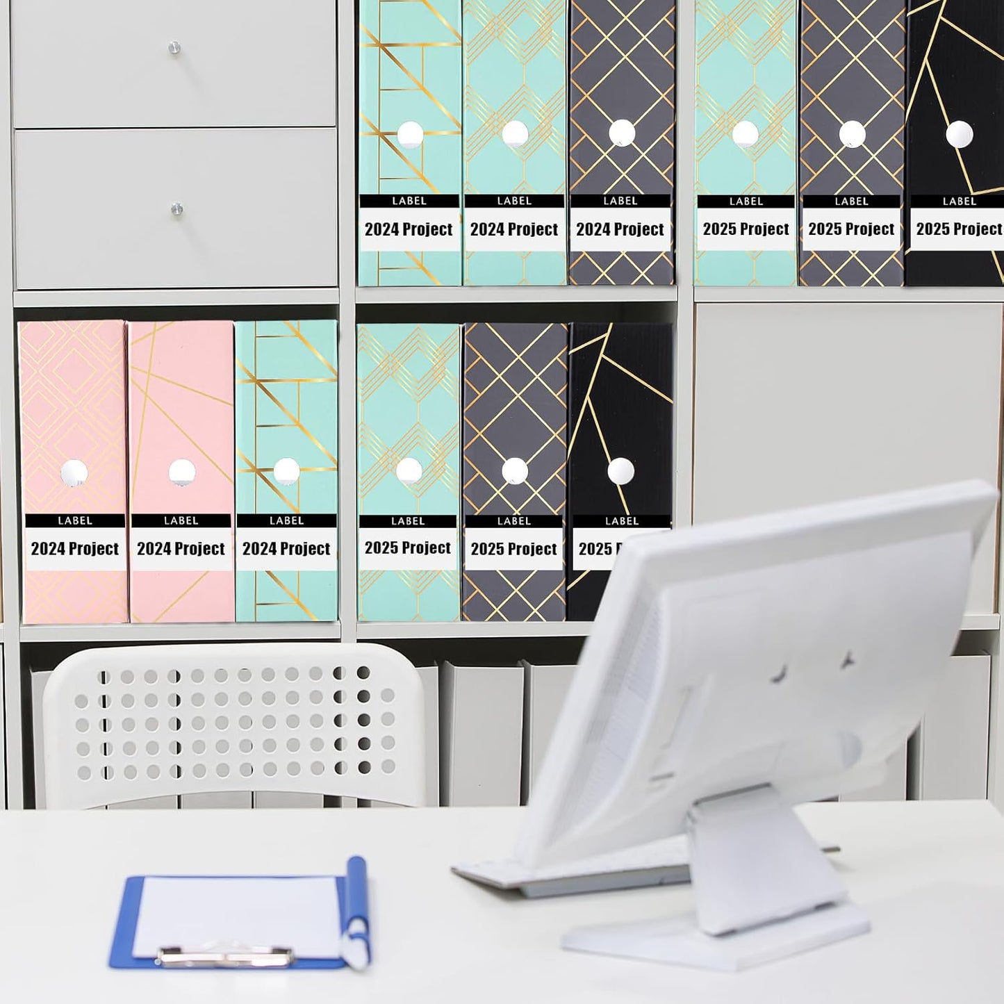 PerKoop 6 Pcs Magazine File Holder Foldable Decorative Cardboard File Folders 6 Patterns Floral Colored Magazine Rack with Printable Sticker Labels for School Office Home Desk (Geometric Lines)