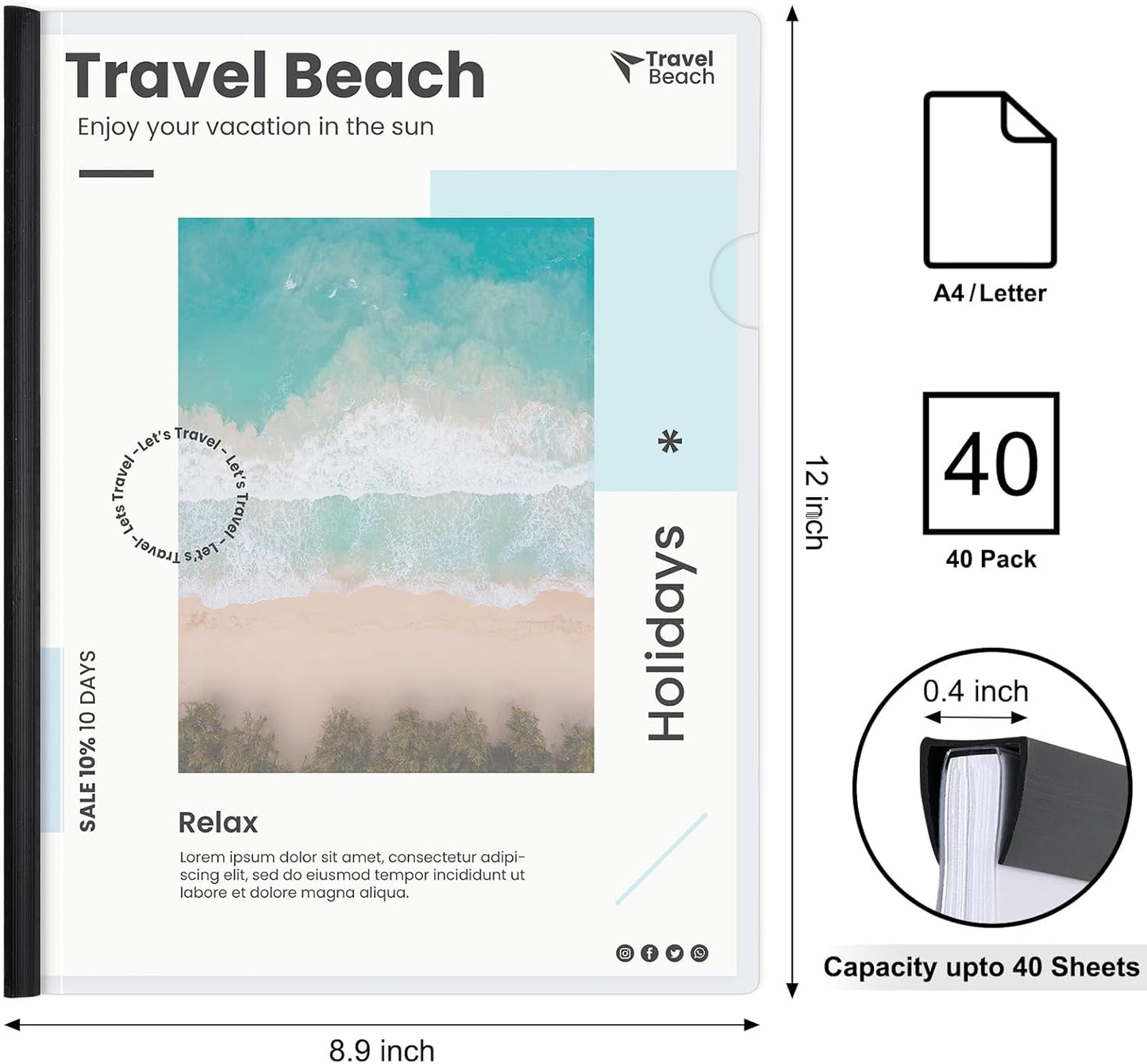 JOERSH 40Pcs Clear Report Covers with Sliding Bar, 40 Sheet Capacity Plastic Binder Paper Protector, Report Folders with Clear Cover for Resume File Documents, Black