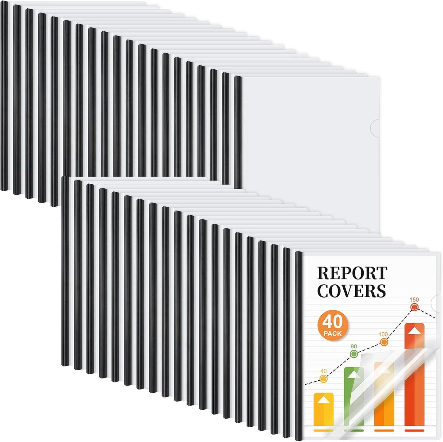JOERSH 40Pcs Clear Report Covers with Sliding Bar, 40 Sheet Capacity Plastic Binder Paper Protector, Report Folders with Clear Cover for Resume File Documents, Black