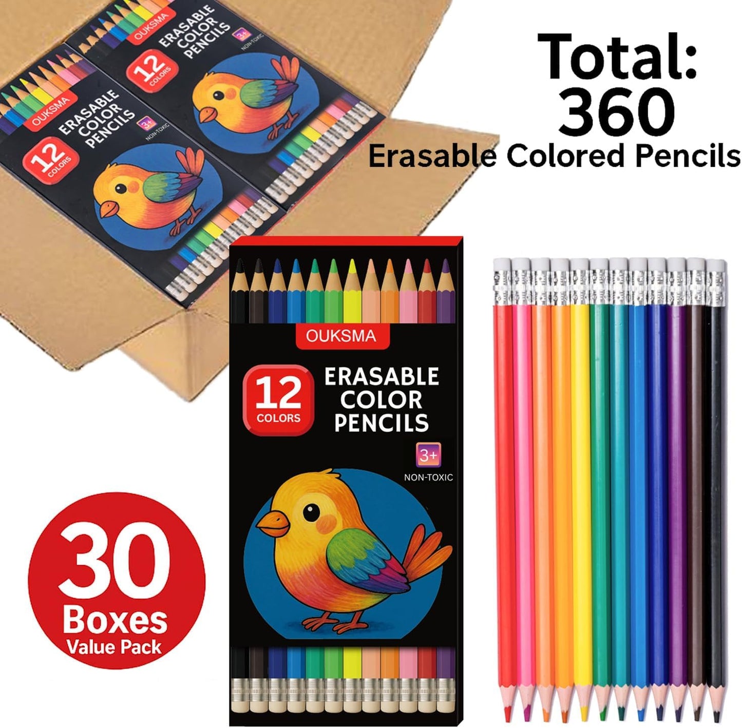 Pre-sharpened Colored Pencils with Erasers, Erasable Color Pencils, Drawing Pencil, Art Pencil for School Supplies, Drawing Supplies (12 Colors -30 Boxes)