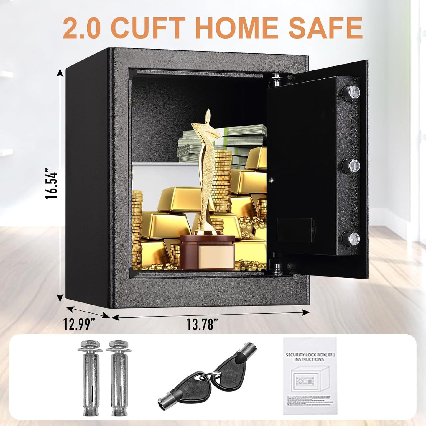 Tenamic Fireproof Waterproof Home Safe 2.0 Cuft - Keypad Large Lock Box Cabinet, Solid Alloy Steel for Office, Hotel - Black