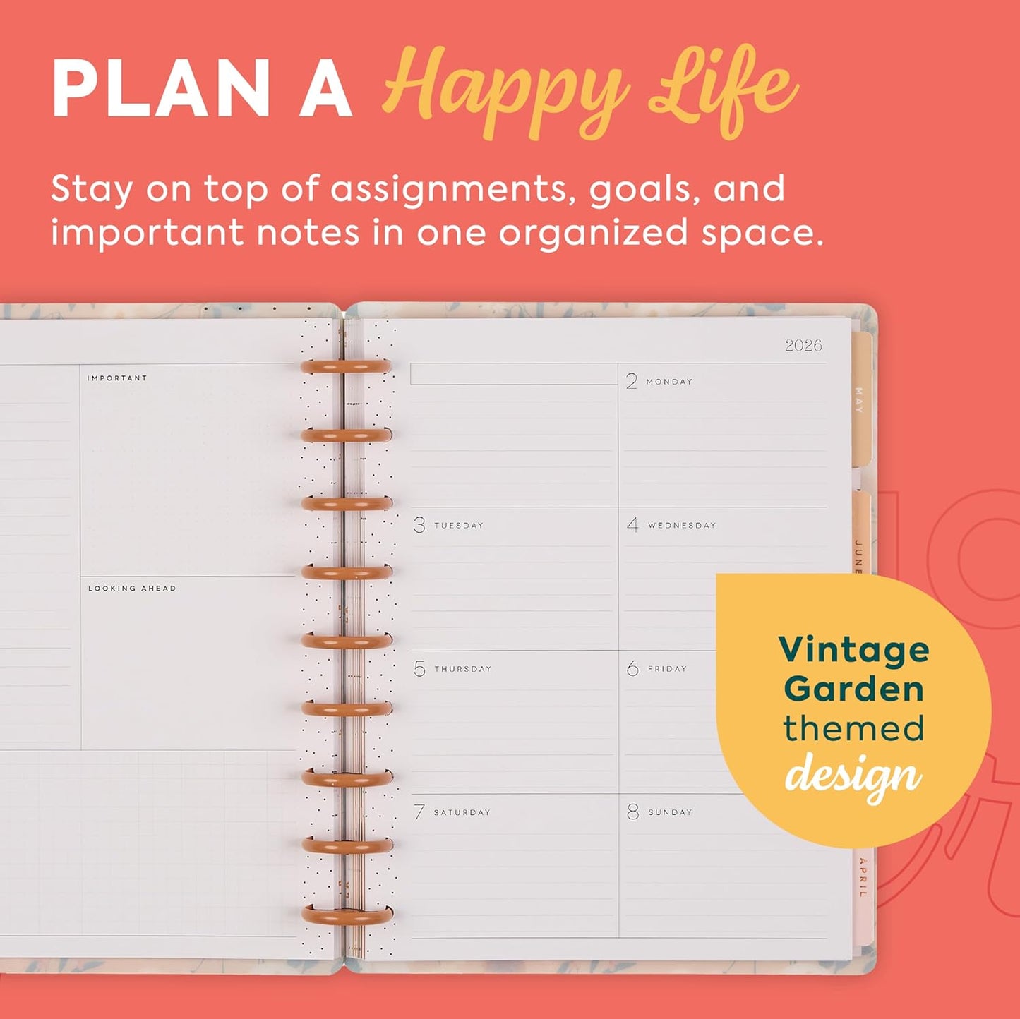 Happy Planner Disc-Bound Planner Jan.–Dec. 2026, Includes 3 Extra Months and 2 Sticker Sheets, Classic Size, 7" x 9.25", Dashboard Layout, Vintage Garden Tan