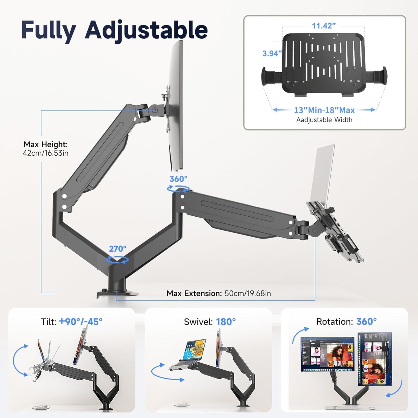 Suptek Monitor Laptop Mount Stand, 2 in 1 Function Dual Monitor Arms Desk Mount for 11"-17" Notebook and 17"-32" Monitor with Laptop Tray,Holds up to 22lbs