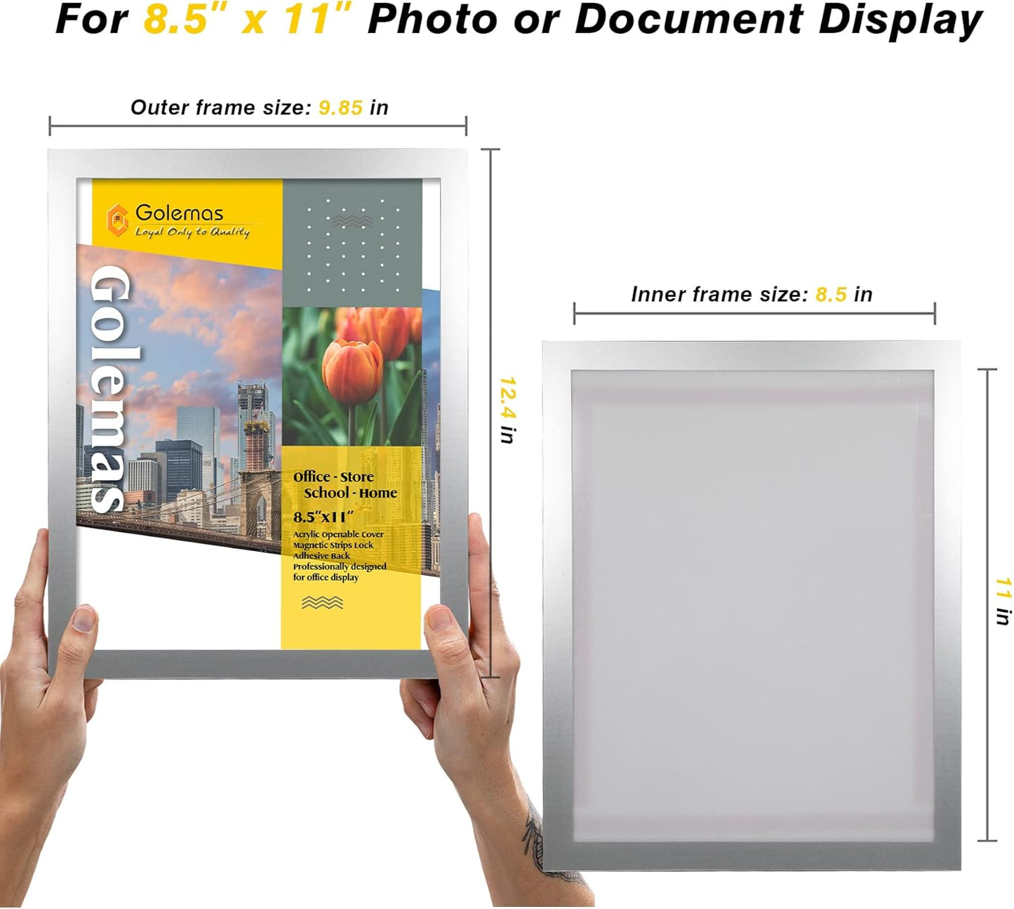 Acrylic Magnetic Sign Holder, Easy-Opening 8.5 x 11 Wall Mount Display Frames, Self Adhesive Back Plastic Clear Document Frame, Horizontal & Vertical Display (Silver, 6Pack)