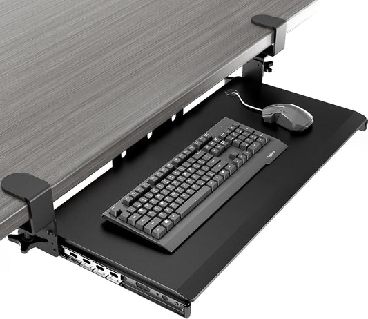Keyboard Tray Under Desk Pull Out with Extra Sturdy C Clamp Mount System, 27.3 (32.5 inch Including Clamps) x 11 Inch Slide-Out Platform Computer Drawer for Typing Black AX01WB01