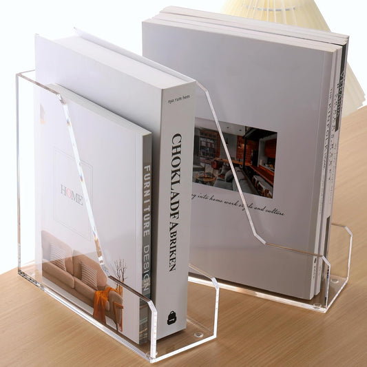 Acrylic Magazine Rack File Holder Desk Organizers and Storage 2-Pack Small Clear Acrylic Vertical Magazine Holder Book Stand for Office Desk