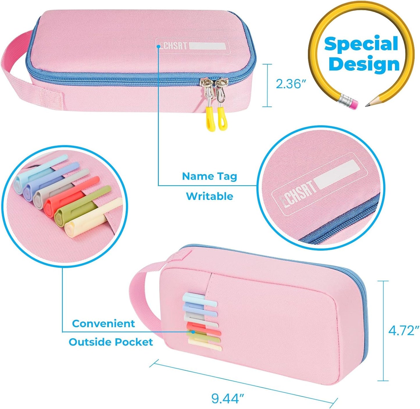 ECHSRT Big Pencil Case, Aesthetic Portable Zipper Pencil Bag with Hidden Pocket, Special Pouch for Men Women Adults, Stationery Organizer Pen Cases for Office Travel, Pink