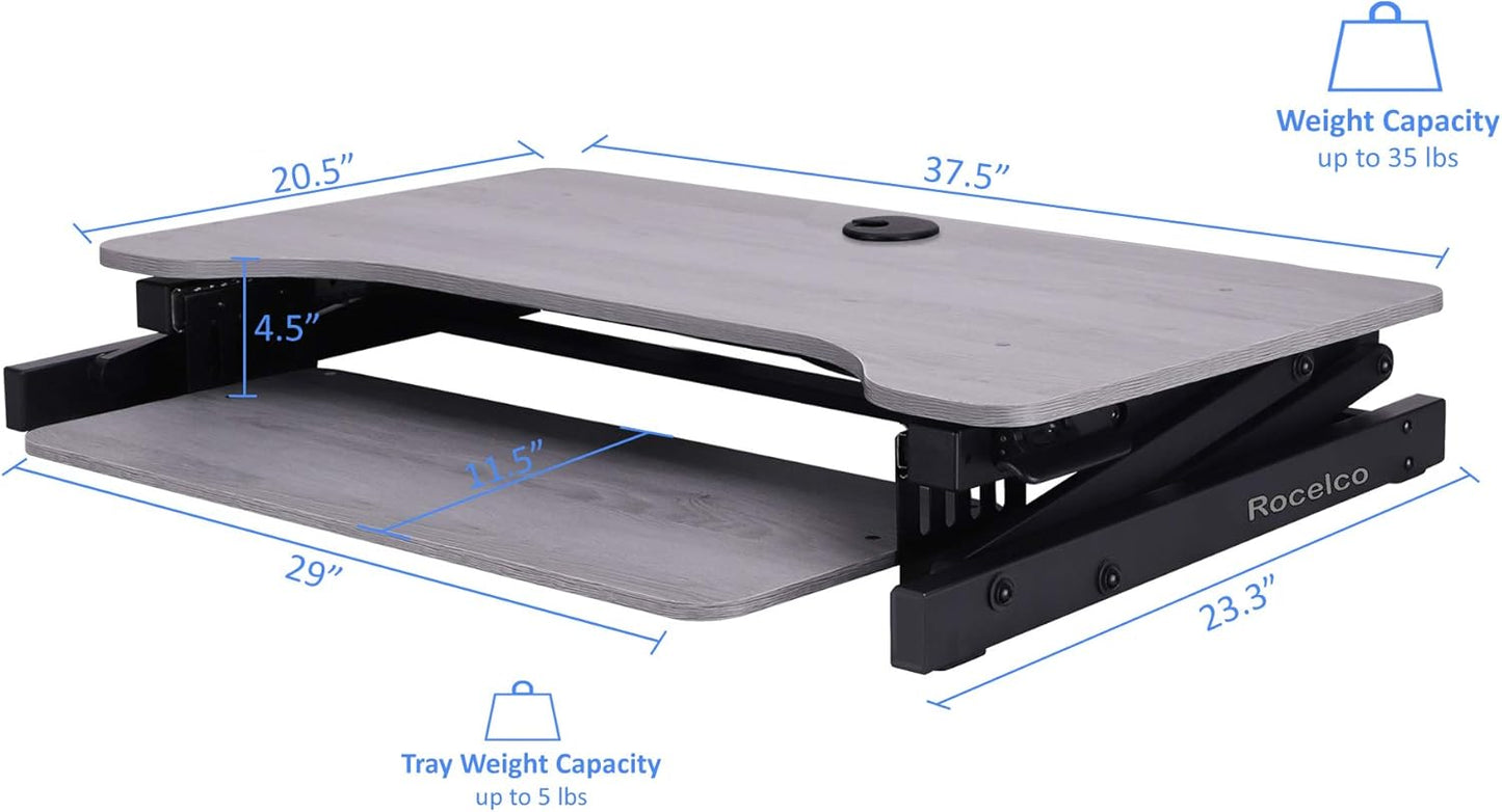Rocelco 37.5" Deluxe Height Adjustable Standing Desk Converter - Quick Sit Stand Up Dual Monitor Riser - Gas Spring Assist Computer Workstation - Large Retractable Keyboard Tray - Gray (R DADRG)
