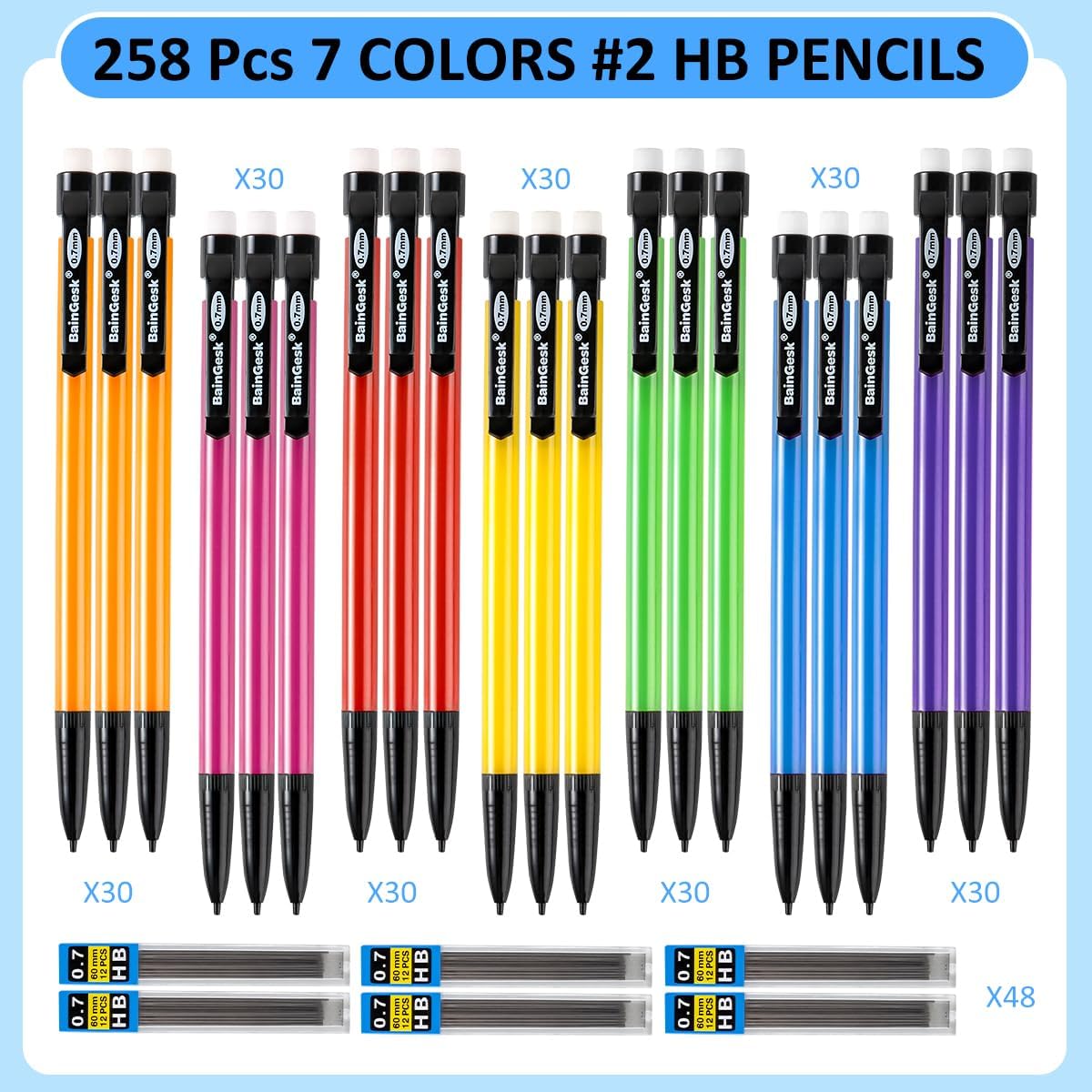 Mechanical Pencils, 0.7mm Medium Point, HB #2 Lead, 210 Pack Bulk Mechanical Pencils and 48 Tubes Refills, Assorted Colored Barrels, Office School Supplies